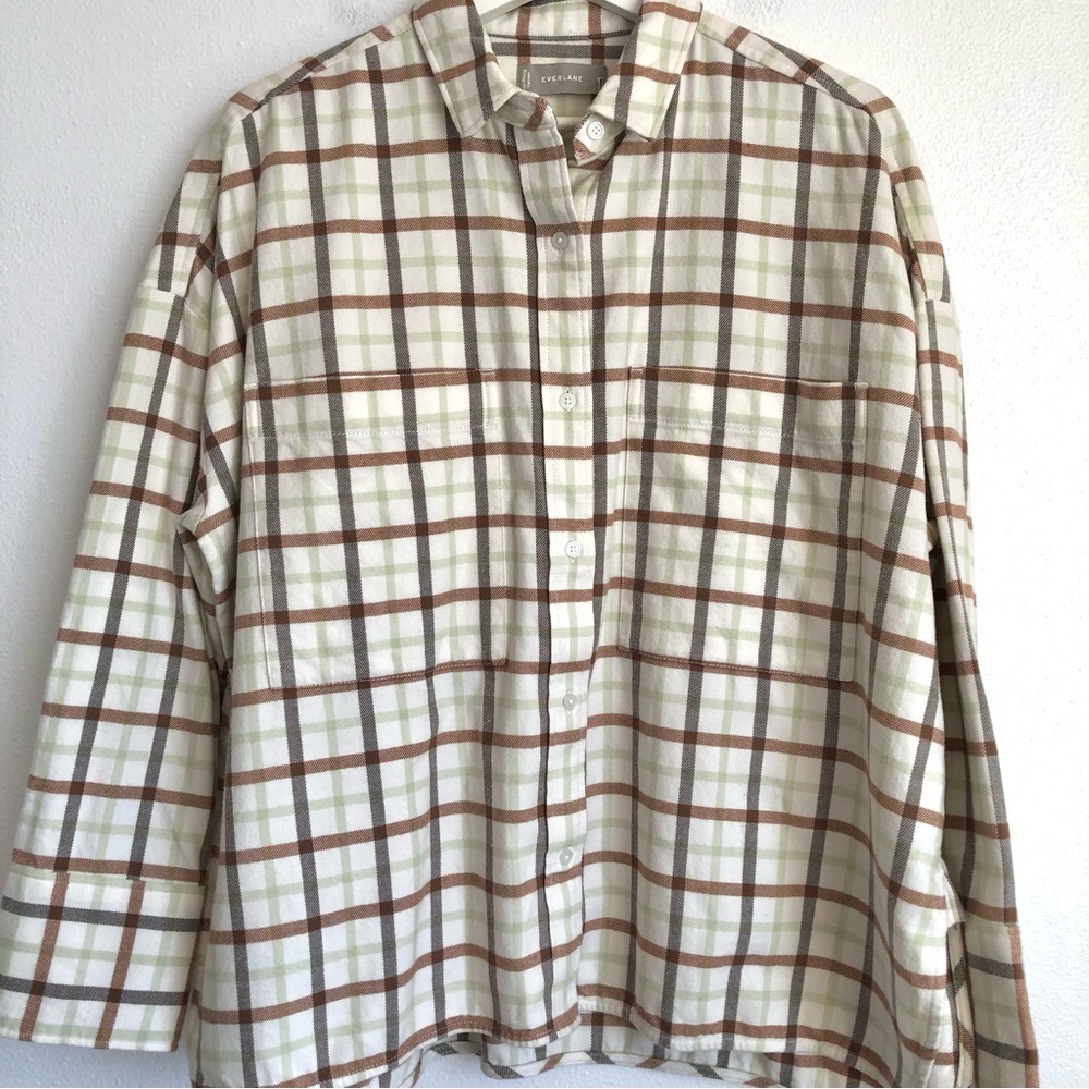 NWT Everlane The Boxy Flannel Green Brown Plaid Button Up Shirt Top Size Medium - Picture 3 of 13